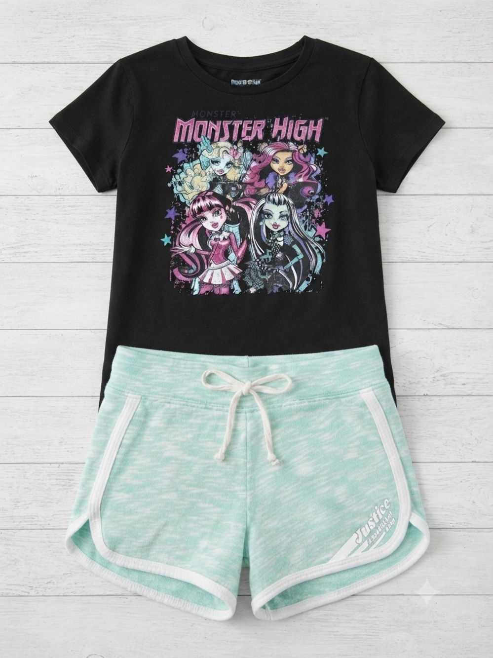 monster high Black Graphic Tee with Mint Green Shorts Pajama Set